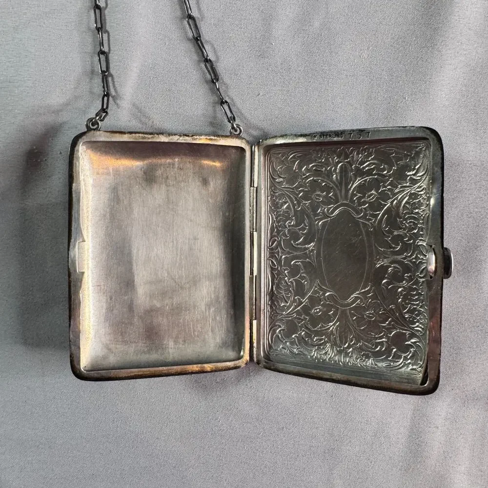 Antique Sterling Silver 757 Dance Compact Finger Chain Engraved Monogram Vanity